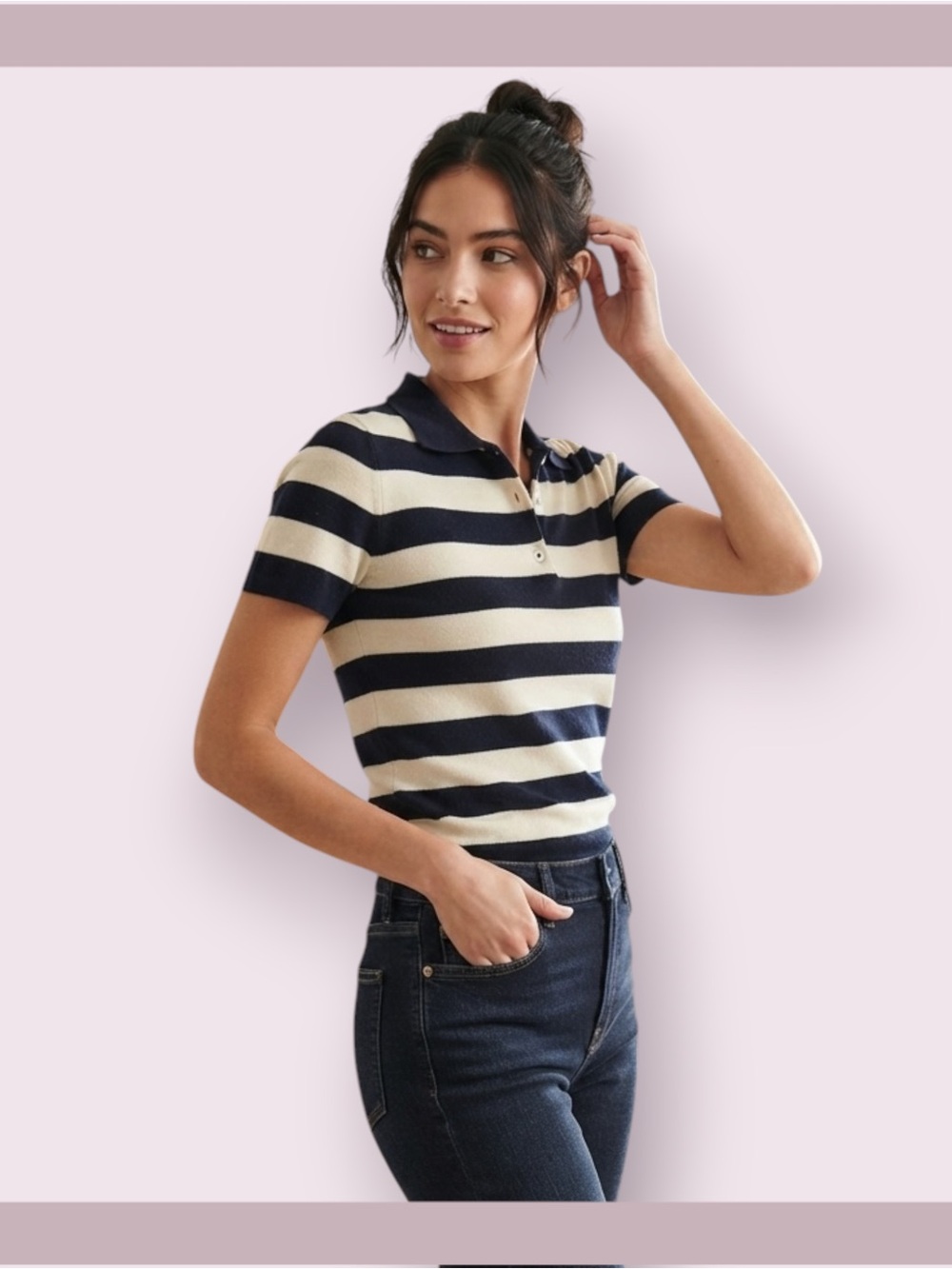 Brandy Melville Navy and Cream Striped Knit Crop Polo